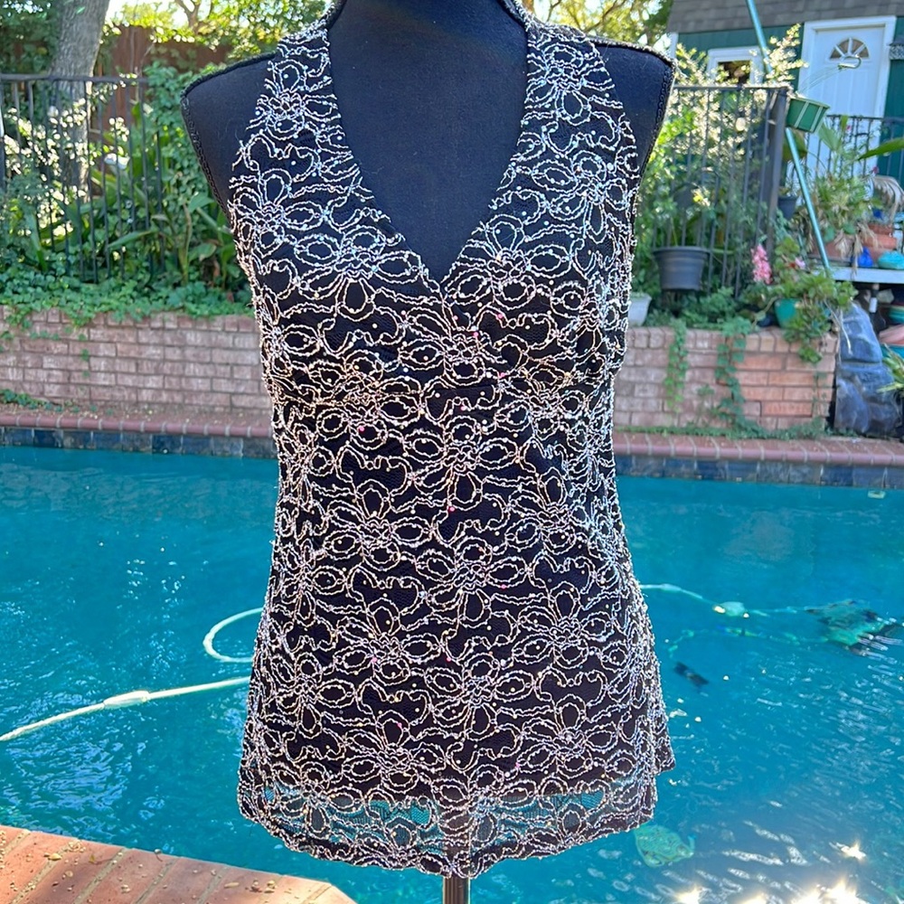 NWT Brittany Black Sequined Halter Neck Black Top Size S